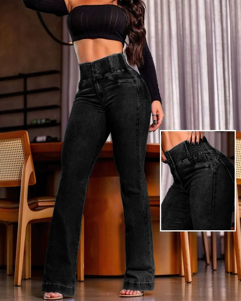 Shirred Waist Straight Leg Jeans