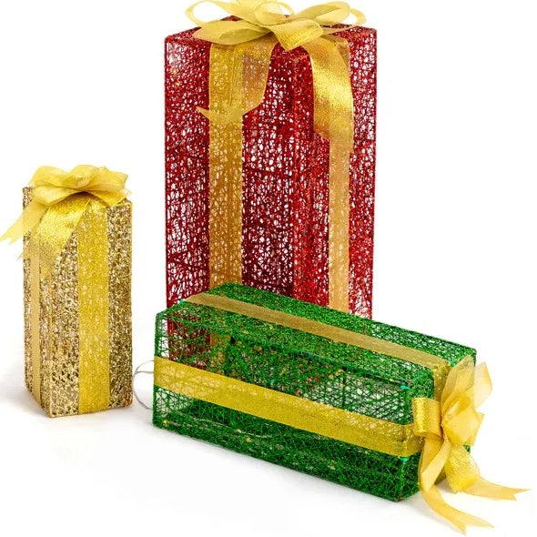 VINGLI Lighted Gift Boxes Set Of 3, Pre-lit Nestable Present Boxes