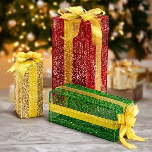 VINGLI Lighted Gift Boxes Set Of 3, Pre-lit Nestable Present Boxes