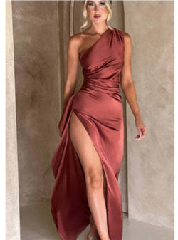 Santorini Sunset One-Shoulder Satin Maxi Dress