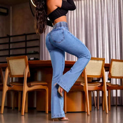 Shirred Waist Straight Leg Jeans