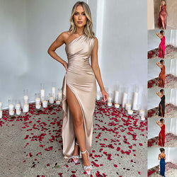 Santorini Sunset One-Shoulder Satin Maxi Dress