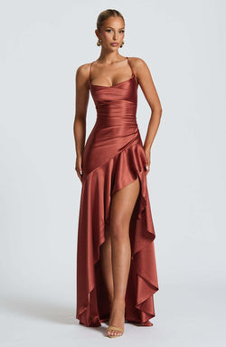 The "Ruffle & Reveal" Maxi Dress