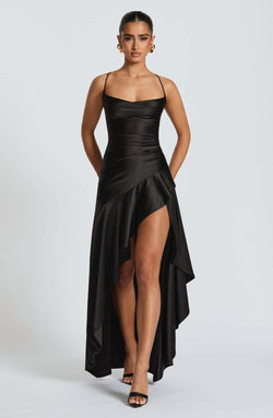 The "Ruffle & Reveal" Maxi Dress