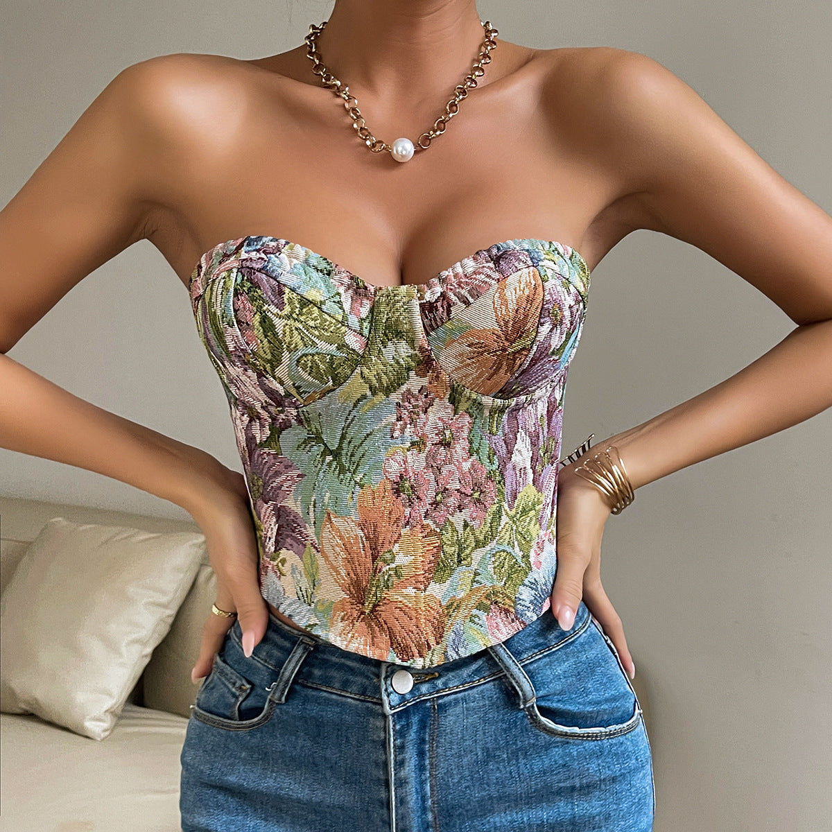 Y2K Floral Corset Tube Top